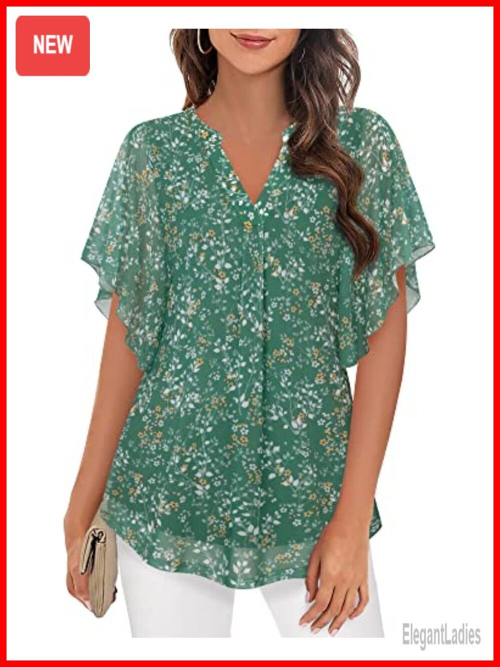 Women's Short Sleeve V Neck Floral Double Layers Mesh Tunic Top
